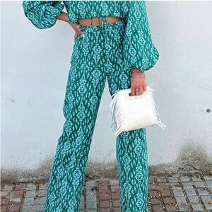 Zara Teal Wide Leg Cotton Pants with Textured‎ Pattern